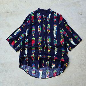 ICI Vintage Fish Print Shirt Button Down Tiki Abstract‎ Art Tribal Navy 25x35 L